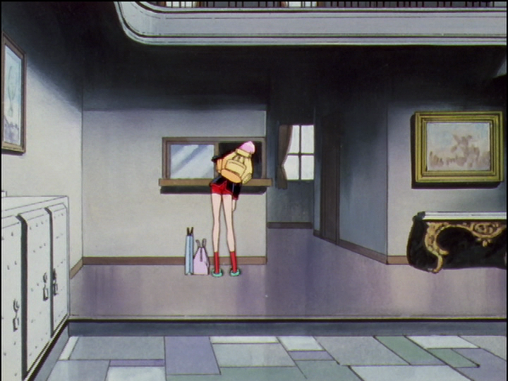 The dorm lobby when Utena first arrives, with a vaguely visible Dutch windmill painting.
