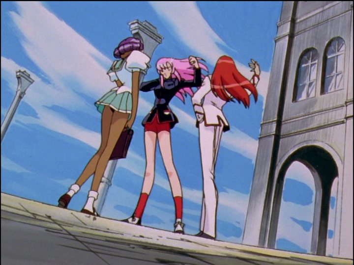 The camera is low to the ground as Utena slaps away Touga’s hand. We see a black triangle under Anthy’s skirt.