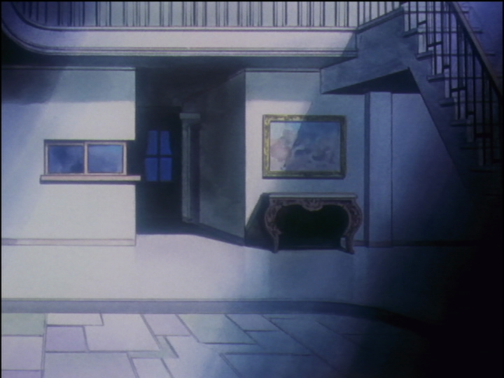 The dorm lobby in episode 4, with a different and unrecognizable painting.