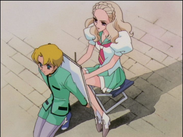 Anthy wearing the tablecloth that Utena miraculously transformed into a dress.