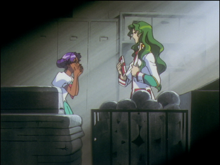 Utena, looking like Anthy, is in the gym shed with Saionji. Both are behind piles of gym equipment.