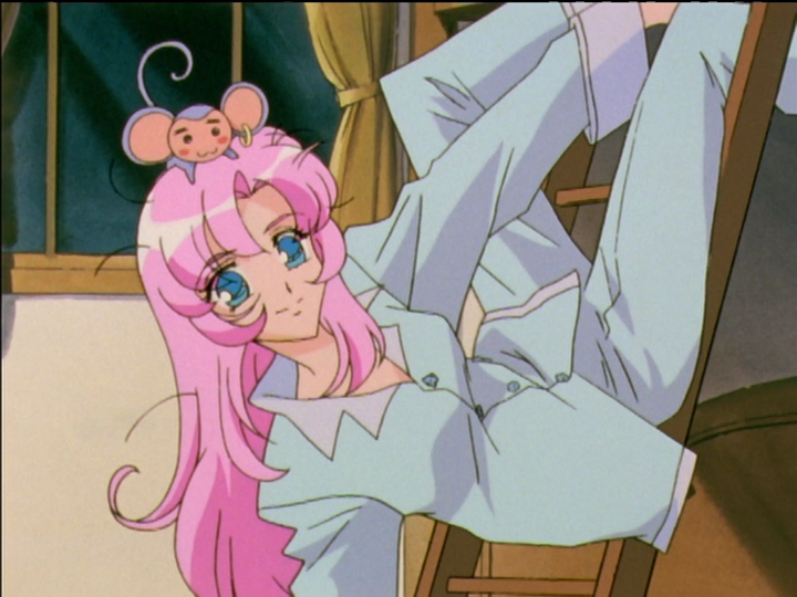 Utena hangs from the bunk bed ladder with Chu-Chu on her head.