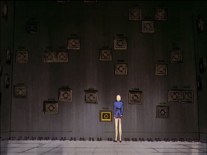 Mikage’s underworld lair, with drawers of dead students in the wall.