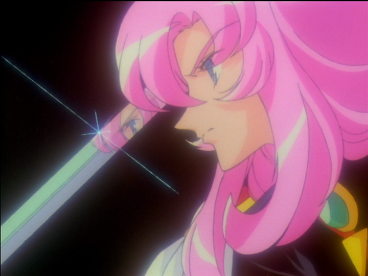 Utena reflected in her own sword, just powered up by Anthy.