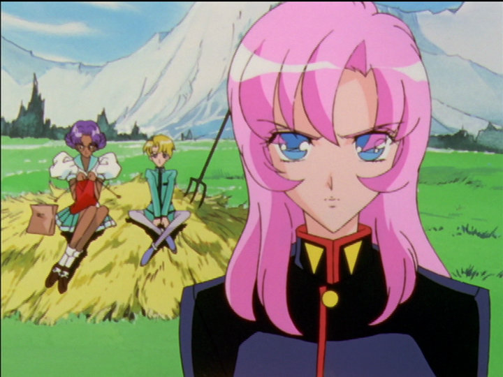 Utena in the foreground, Anthy and Mitsuru behind sitting on a pile of hay.