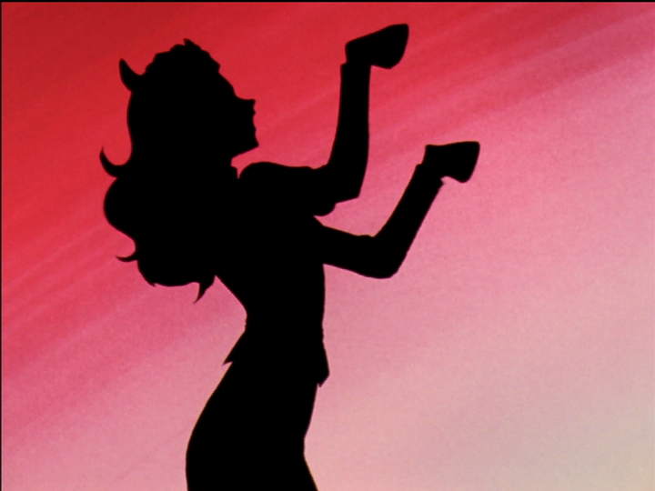 Nanami is turning into a cow, in silhouette on a gradated red background.
