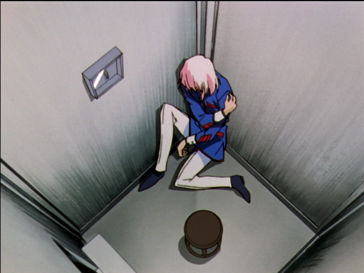 Mikage sits awkwardly on the floor of the confession elevator.