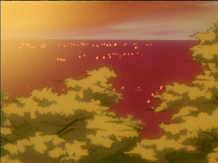 The view from Akio’s car: Yellow trees and red ocean.