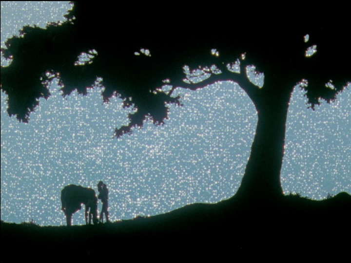 The pond is now a great ocean of eternity shining behind Utena and Akio, who are kissing.
