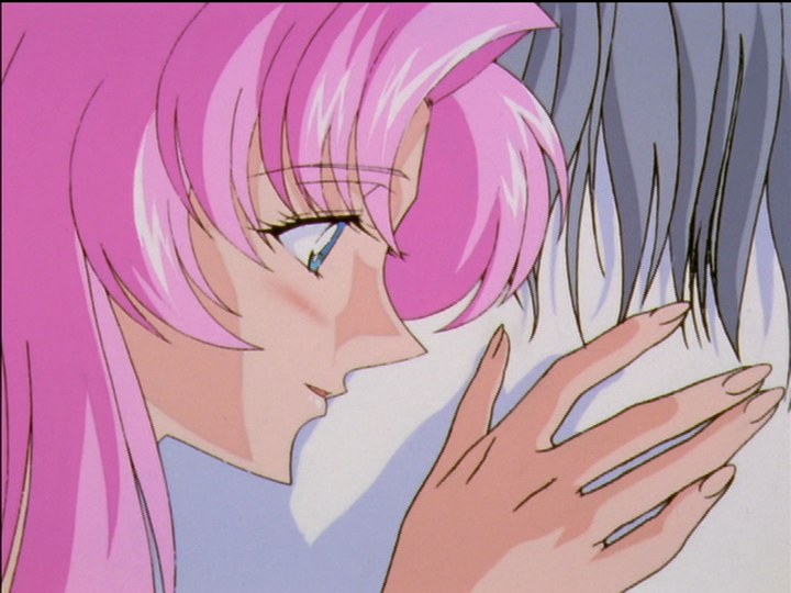 Utena’s face and hand are on the horse. She is blushing.