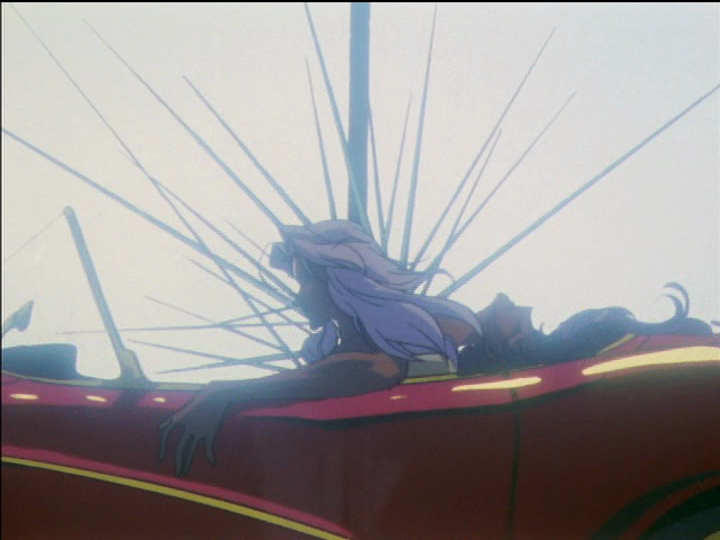 Anthy in Akio’s car, pierced by swords, head thrown back.