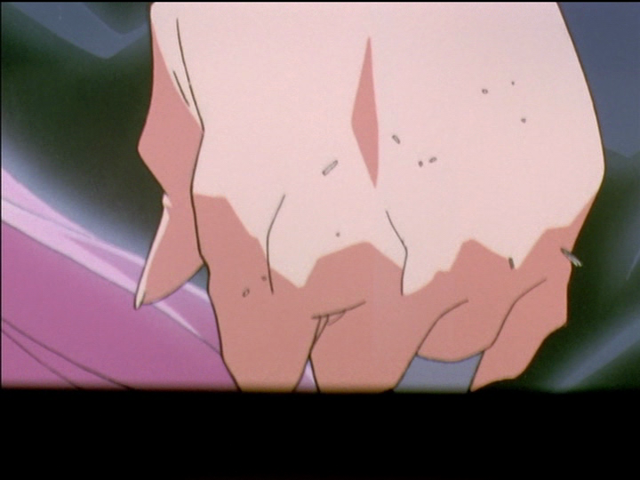 Utena pushes herself up with a fist, close view.