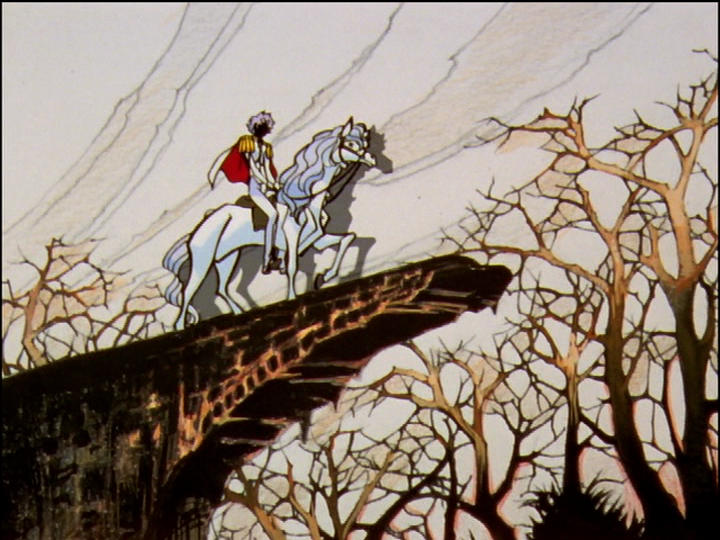 The prince on his horse on the broken bridge.