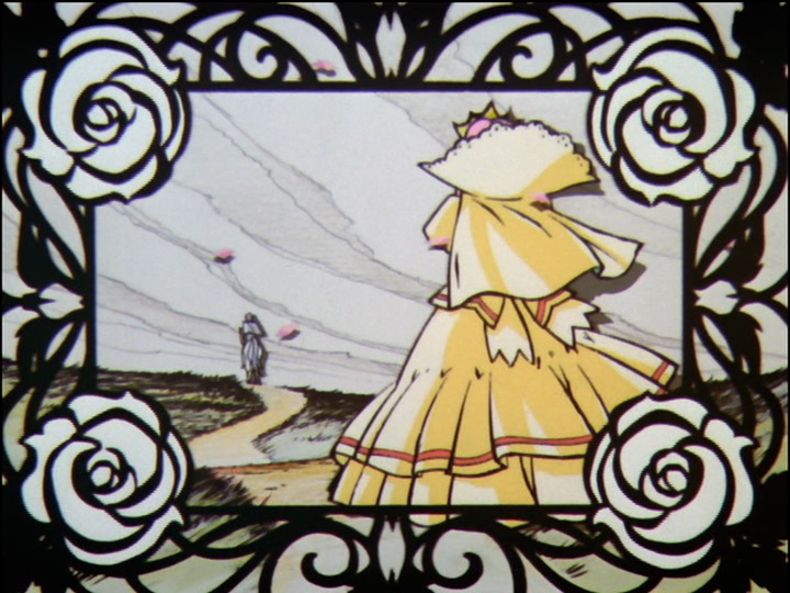 Little Utena in the prince story has three-pointed cloth ends behind her fancy dress.