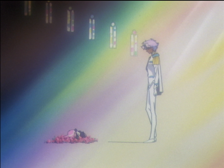Little Utena lies on a bed of roses while Dios looks on.