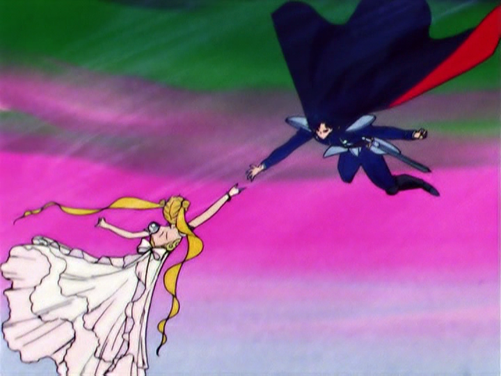 Princess Serenity/Usagi and Endymion/Tuxedo Mask reach for each other.