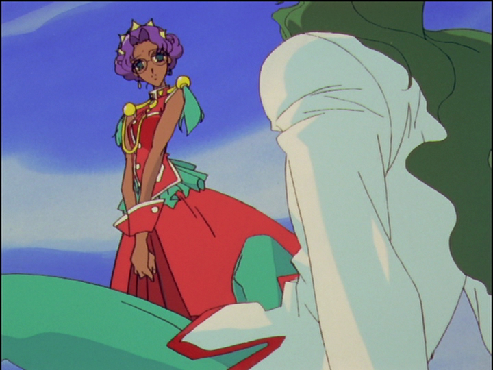 Saionji falls to a sitting position after losing the duel. Anthy looms over him.