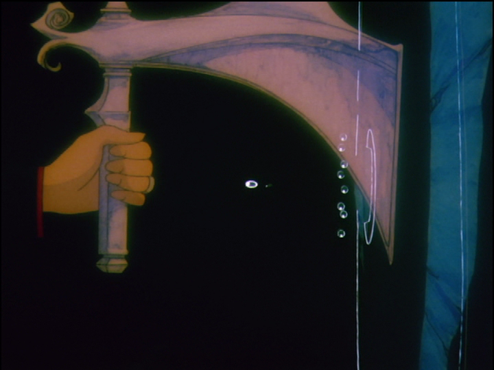 A water drop flies—time-reversed falling—from a vertical water surface toward Utena’s hand on the dueling forest gate’s handle.