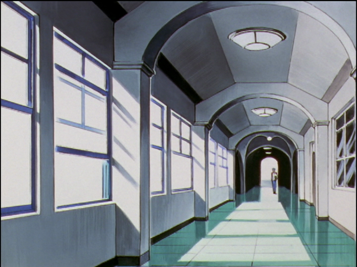 Corridor with windows on the left. Miki is distantly visible at the far end.