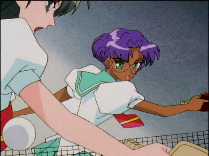 Utena, wearing Anthy’s body, hits a ping-pong ball past her opponent.
