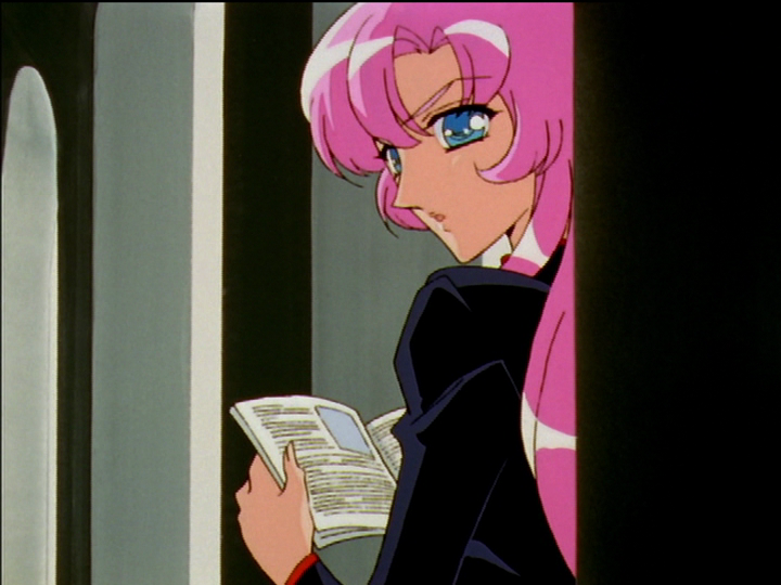 Utena stands against one column of a colonnade, reading.