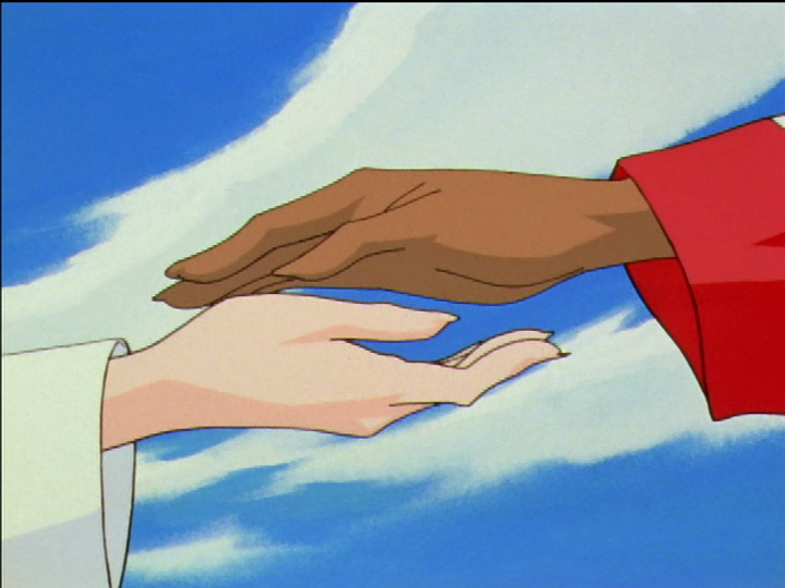Anthy’s and Utena’s hands approach each other without touching.