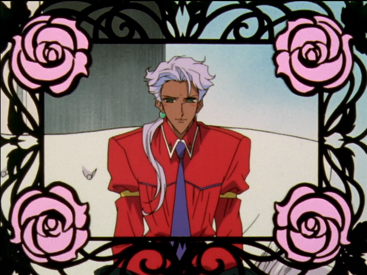 Akio gets pink spinning roses as he greets Utena for the first time.