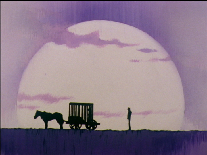 In the Dona Dona story, Nanami’s cart is silhouetted in front of a gigantic sun.