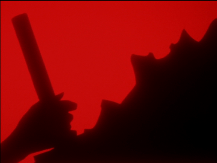 Wakaba in silhouette runs toward Saionji, who is out of the frame to the right.