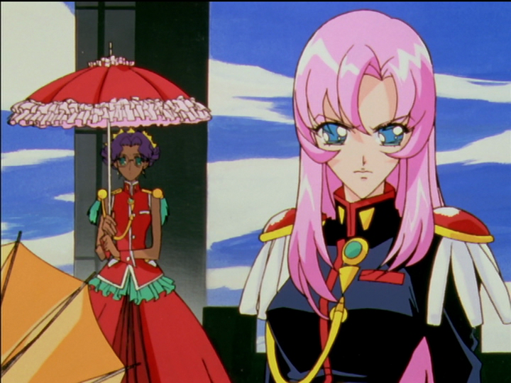 In the duel with Keiko, Anthy in her red princess dress holds a red parasol.