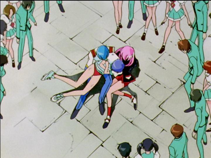 We see from above that Kozue has fallen, and was caught by Miki with Utena as backstop.