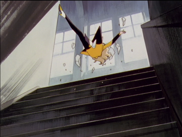 Nanami in the air after slipping on Anthy’s banana peel.