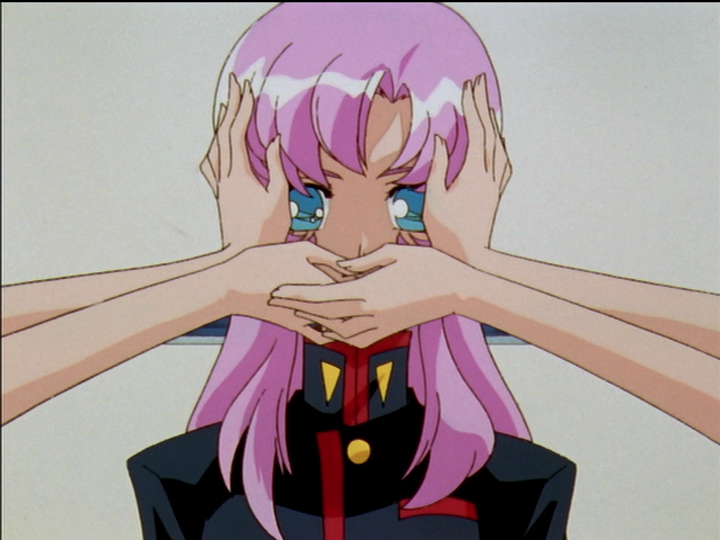 The shadow girls cover Utena’s ears and mouth with their hands.