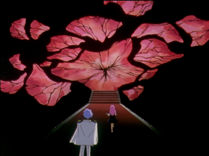 Little Utena runs toward the suspended Anthy as the prince watches.