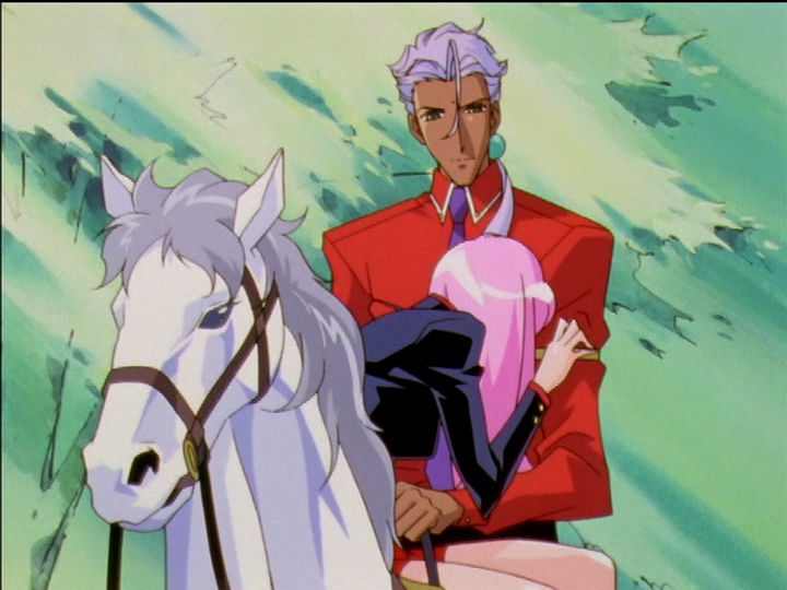 Akio catches Utena in her fall and sets her on his horse.