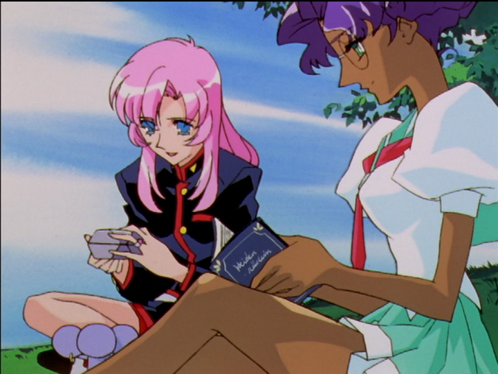 Anthy reading on the grass, Utena in the background about to show off the earrings.
