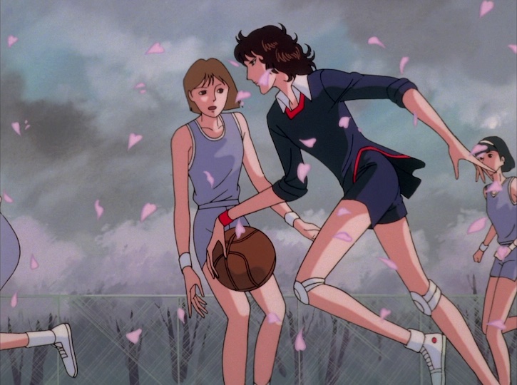 Kaoru plays basketball, passing other girls in a stream of flower petals.