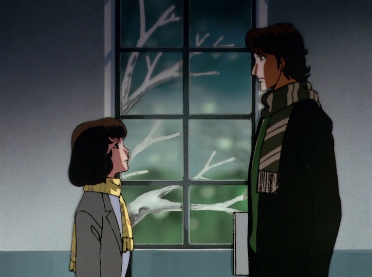 Nanako faces Henmi, a window between them showing bare snowy trees outside.