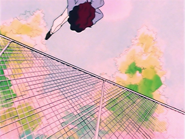 Nephrite leaps over a tall fence from ground level, doing a flip with hands in pockets.