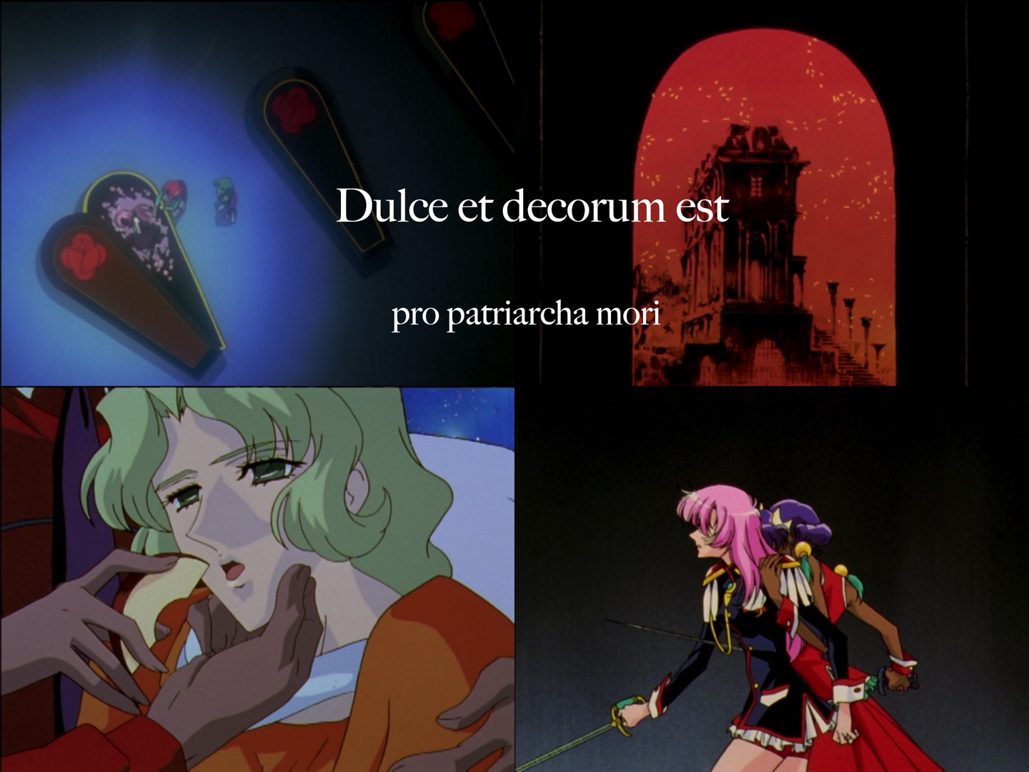 Four images of death. Overlay text: 'Dulce et decorum est pro patriarcha mori.'