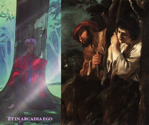 On the left, Akio sits under a tree (from episode 36). On the right, onlooking shepherds from a painting by Guercino.
